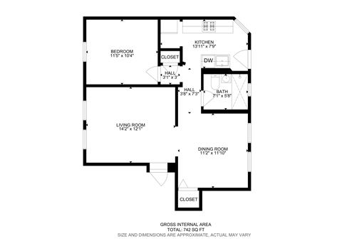 Floor plan for 1 bed, 1 bath